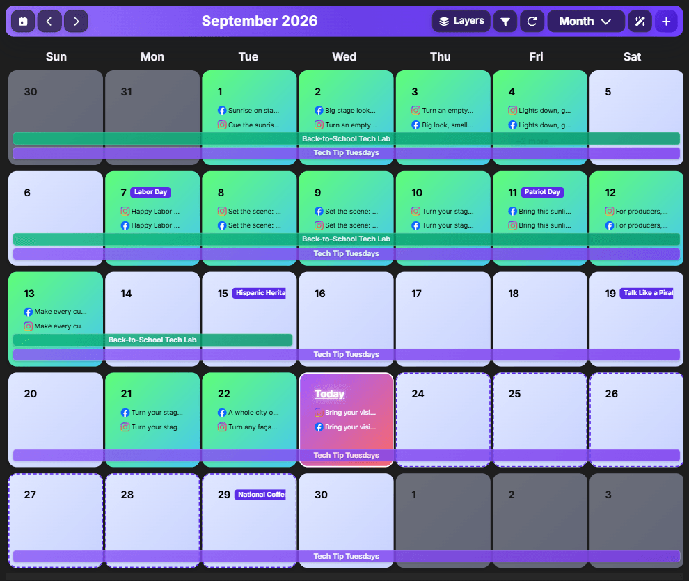 PostJenny September content calendar with Facebook and Instagram posts, campaign overlays, and daily publishing status.